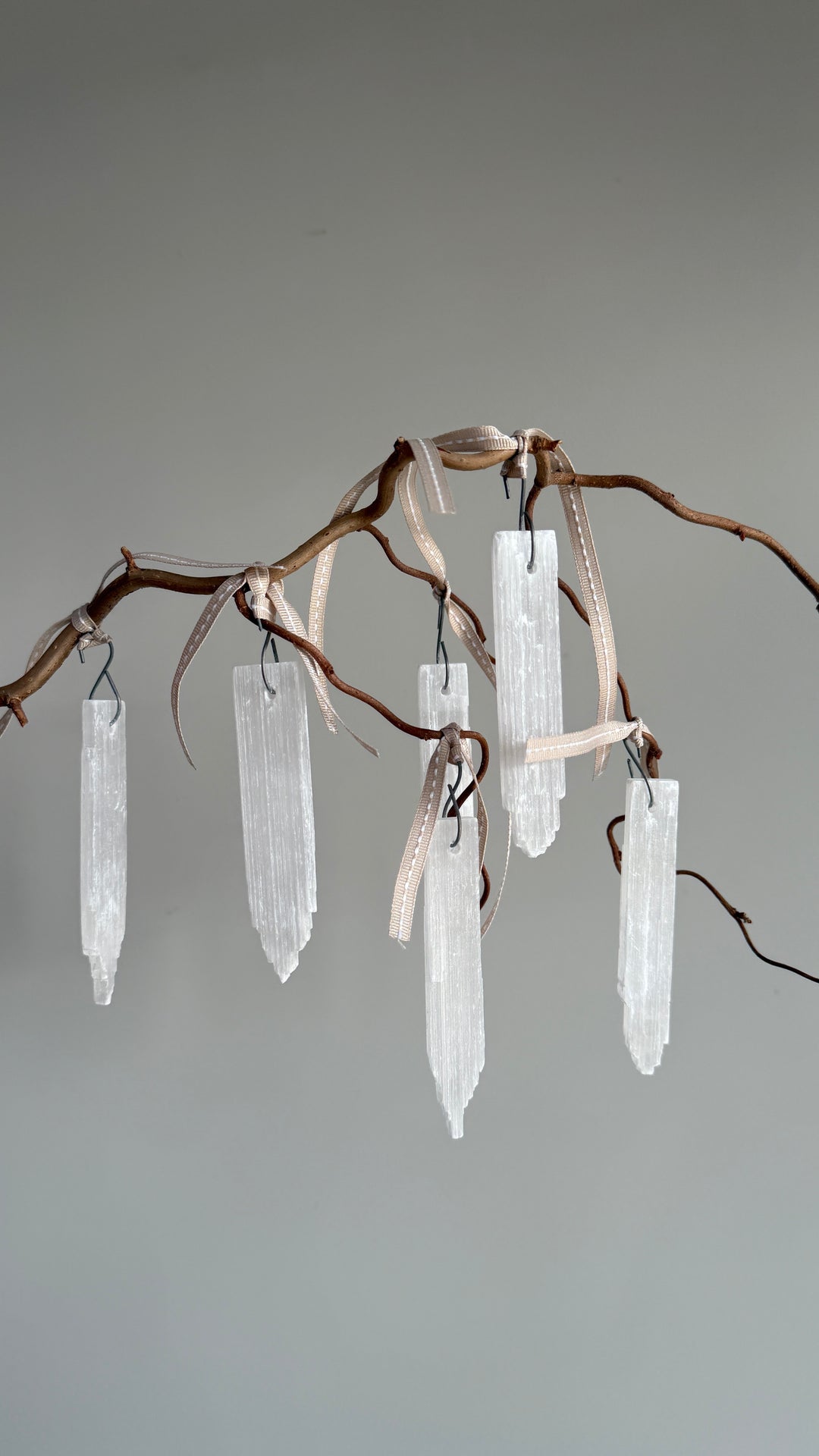 Set of six selenite crystal ornaments