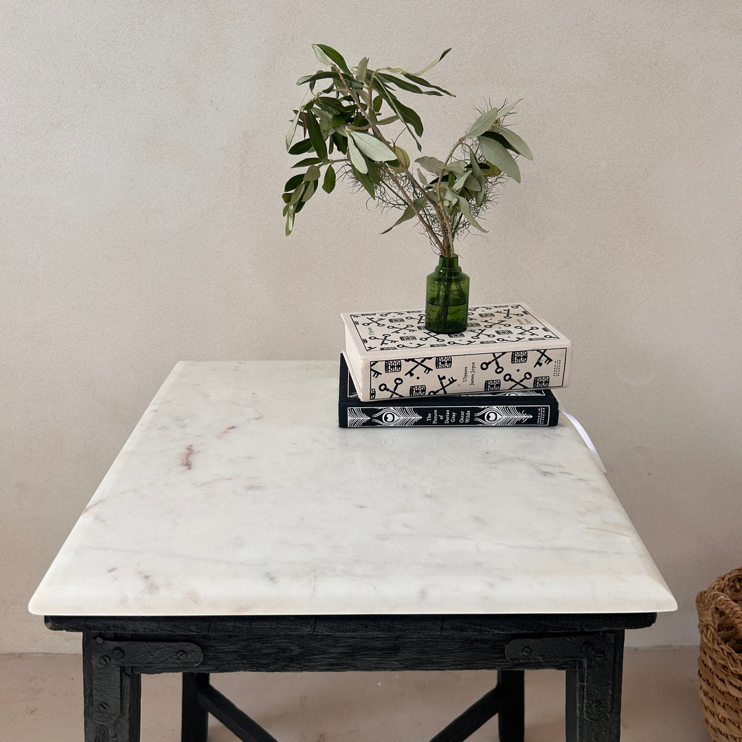 Vintage Polished Marble Top Square Side Table | Arundul