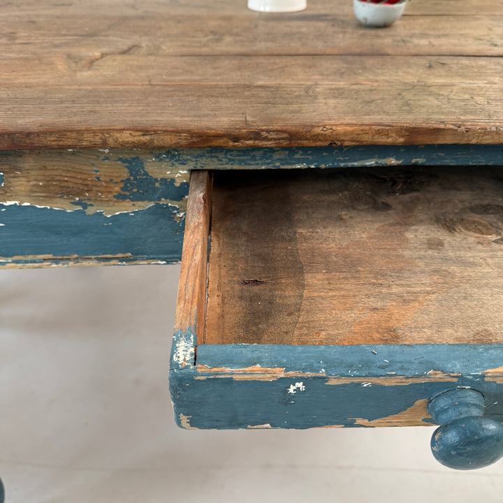 Antique Victorian Pine Dining Table with Original Blue Paint