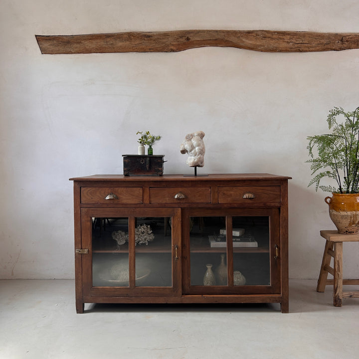 Antique Glazed Dark Wood Teak Sideboard With Drawers | Selena