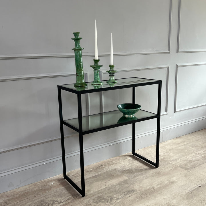 Aged Mirror Console Table side view of table