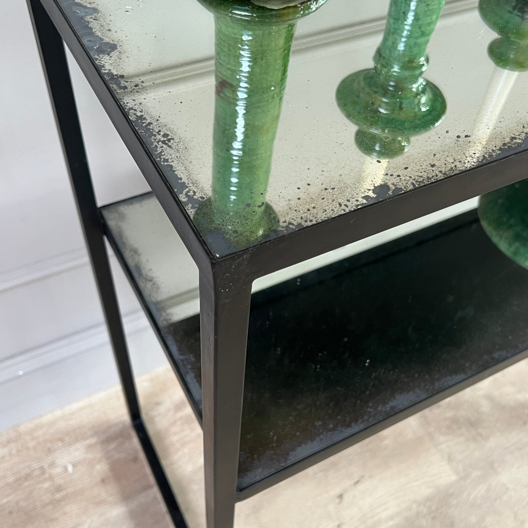 Aged Mirror Console Table close up details of the metal edging