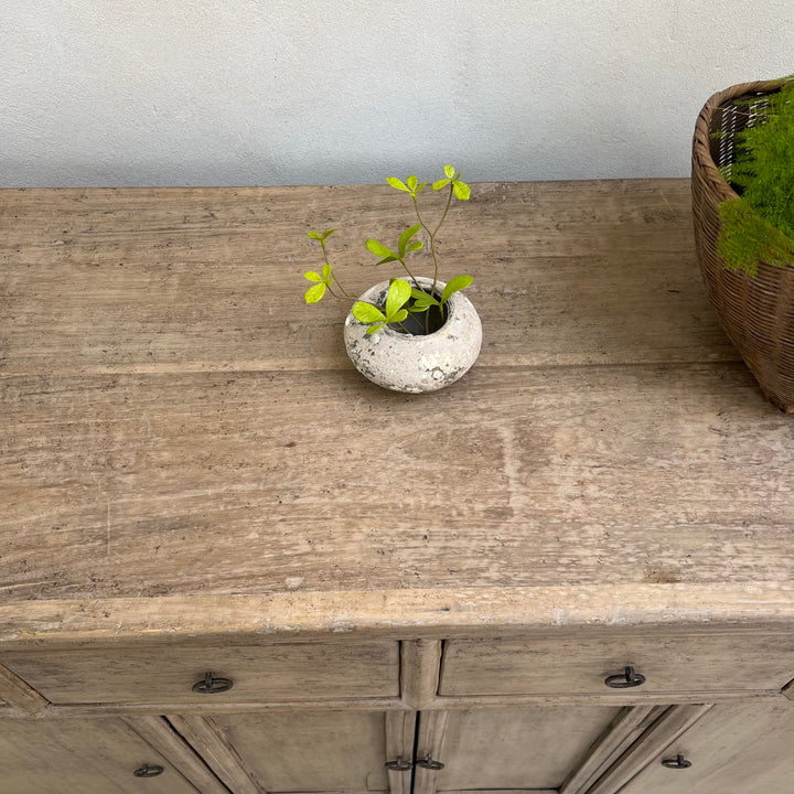 Wooden dresser with a small potted plant on top against a plain wall.