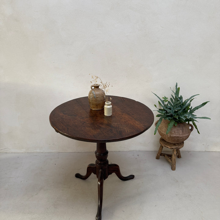 Antique English Oak Round Pedestal Side Table