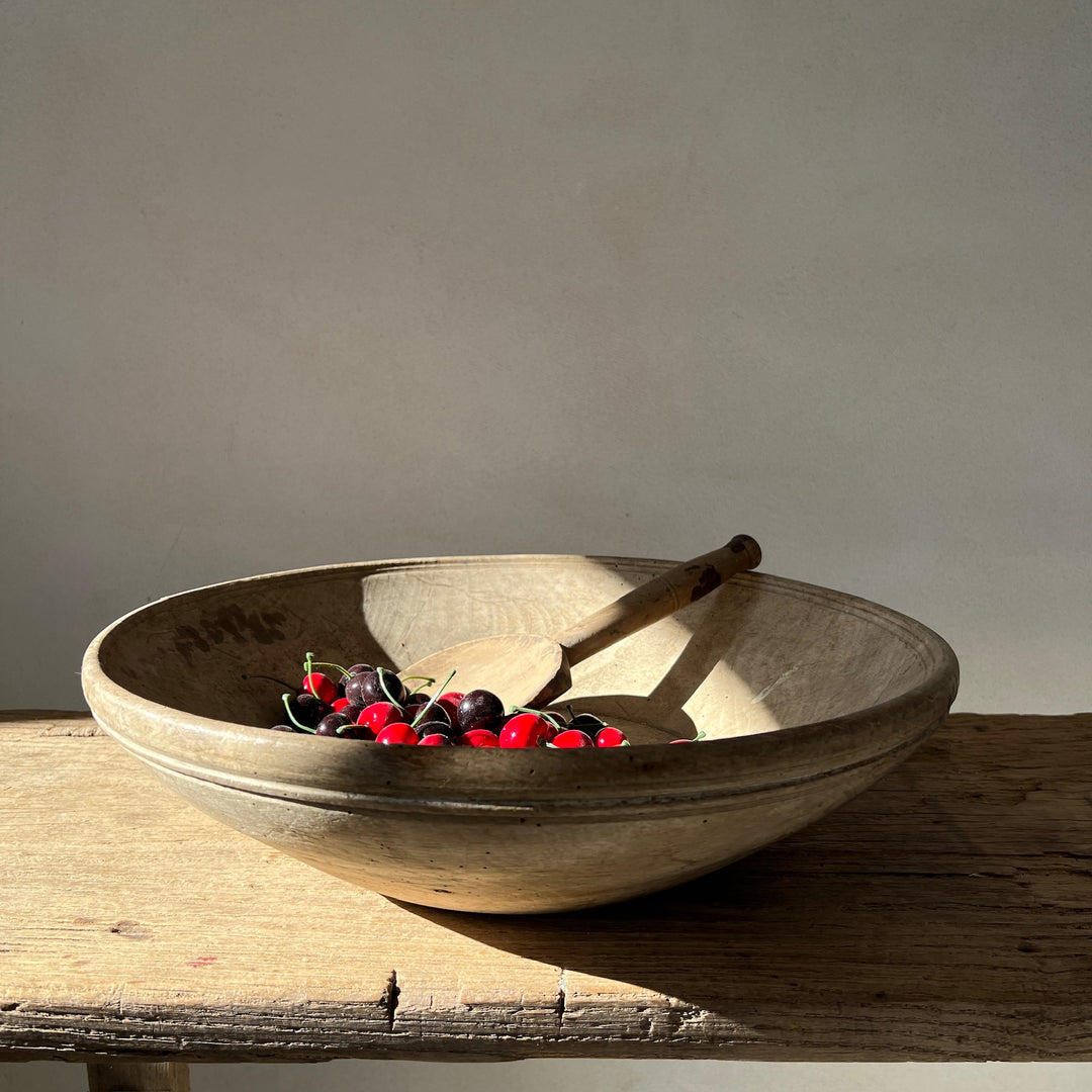 Antique French Wooden Dairy Bowl & Spoon