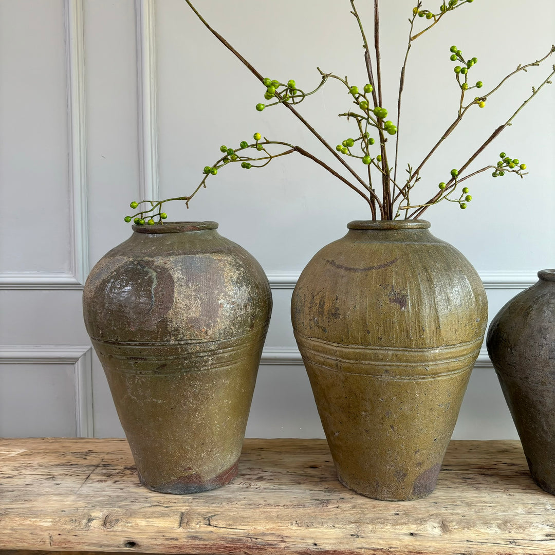 Antique Green Preserve Pots close up on 2