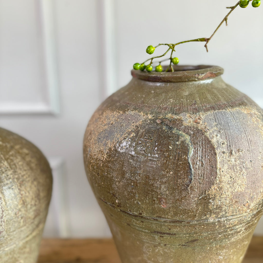 Antique Green Preserve Pots rustic detail