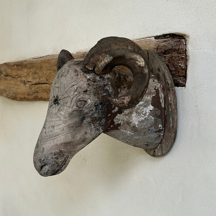 Antique Hand Carved Wooden Sheeps Head Sayang
