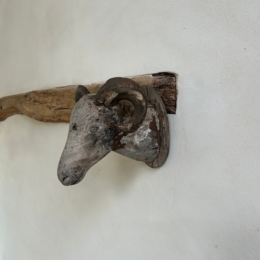 Antique Hand Carved Wooden Sheeps Head Sayang