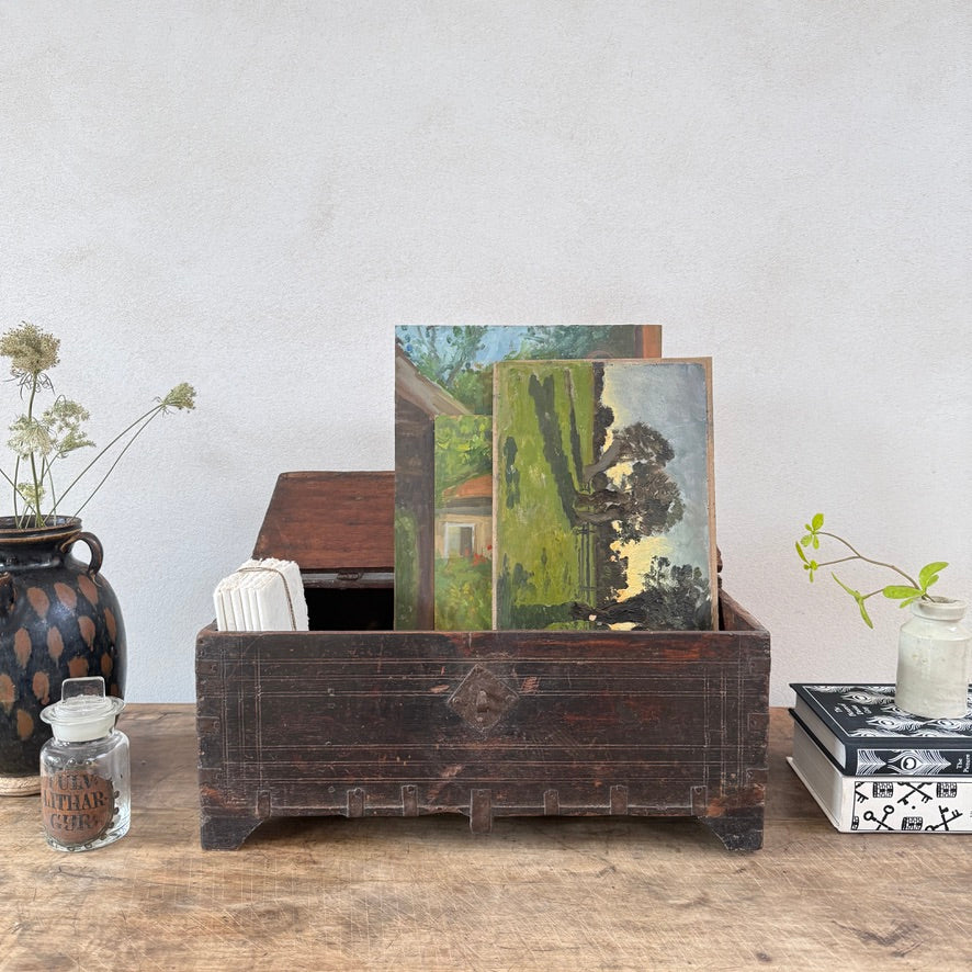 Unique antique Indian wooden storage box Otto with aged dark patina