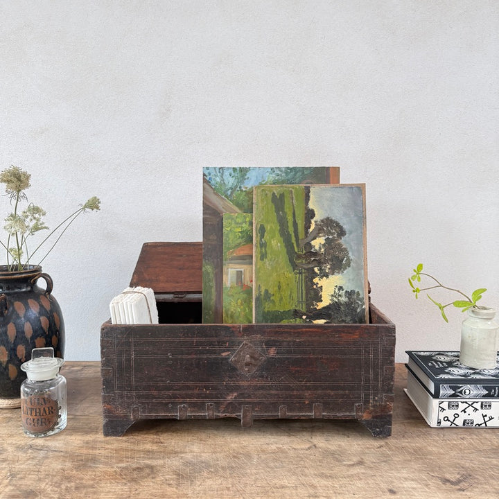 Unique antique Indian wooden storage box Otto with aged dark patina