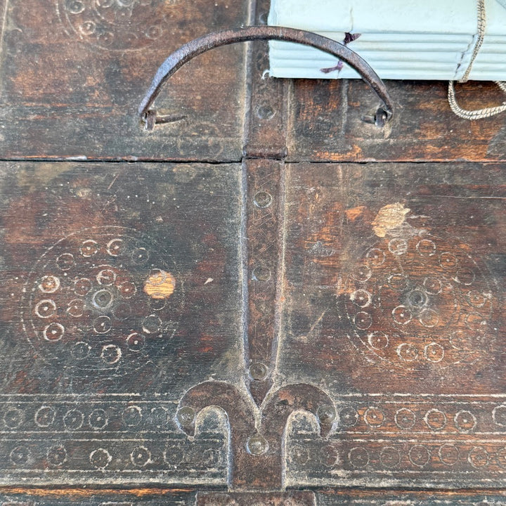 Antique Indian wooden storage box Otto with decorative iron carrying handle