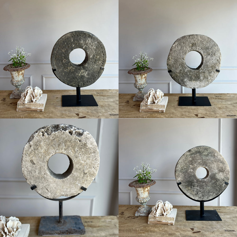 Antique Millstone Disc on Stand