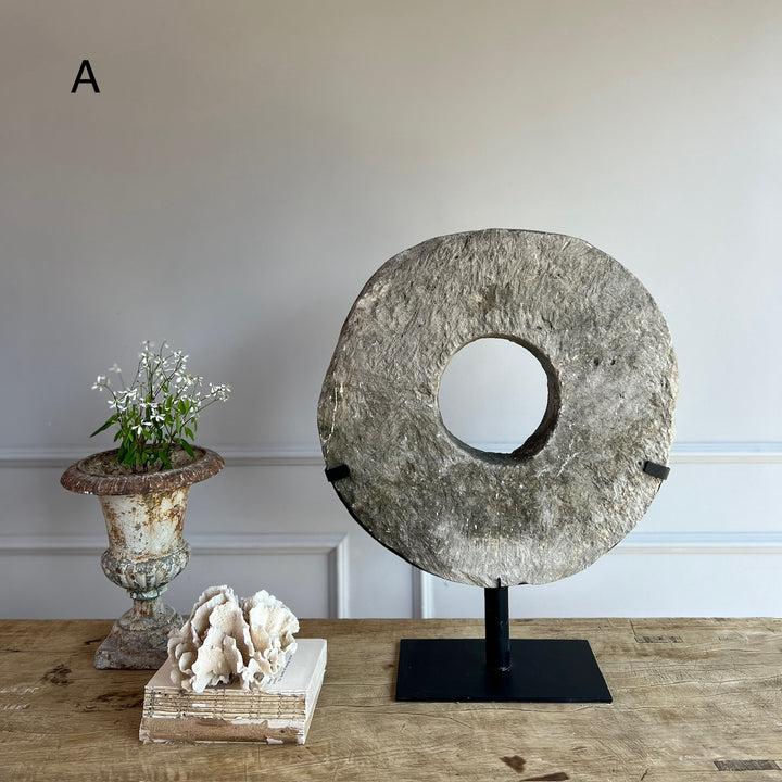 Antique Millstone Disc on Stand A