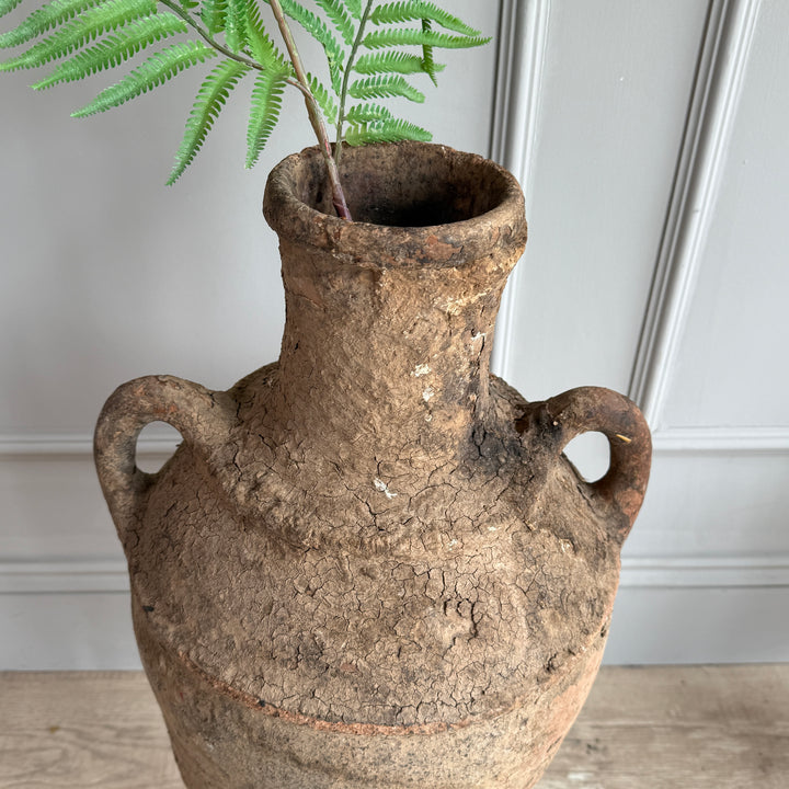 Vintage-style terracotta vase with plant against a neutral wall