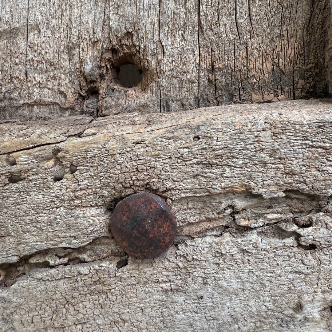 Rusty nail embedded in a wooden log with a hole.