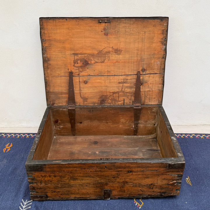 Interior view of the Antique Rustic Pine Blanket Box revealing its generous storage space, solid pine construction and original hinged lid.