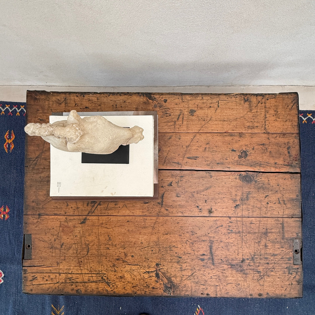 Top view of the Antique Rustic Pine Blanket Box displaying its thick solid pine lid, original plank construction and authentic aged surface.
