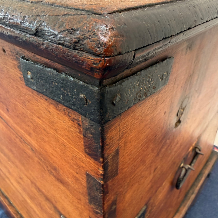 Corner detail showing original iron corner straps, solid oak construction and authentic Victorian craftsmanship.
