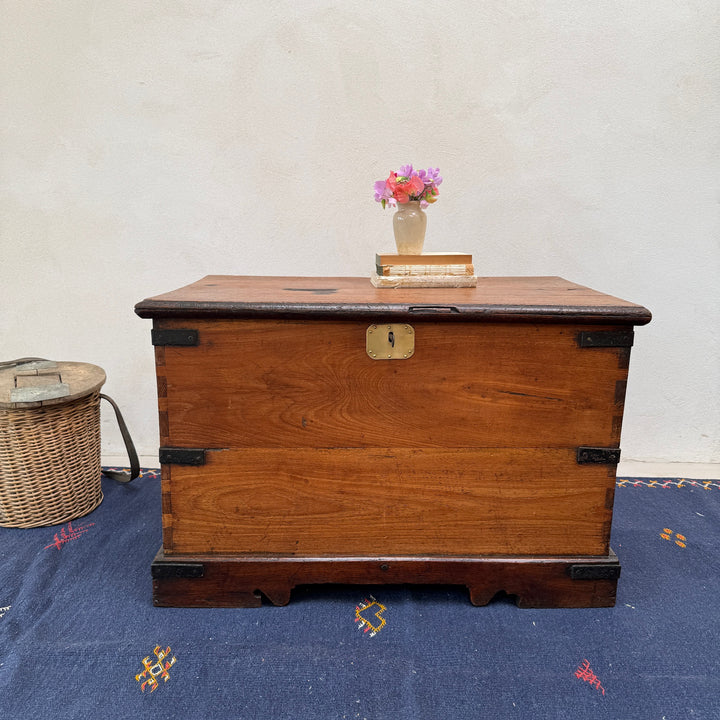 Antique Victorian oak blanket box handcrafted from solid oak with original iron strapwork, working lock and key, and beautifully aged honey-brown patina.
