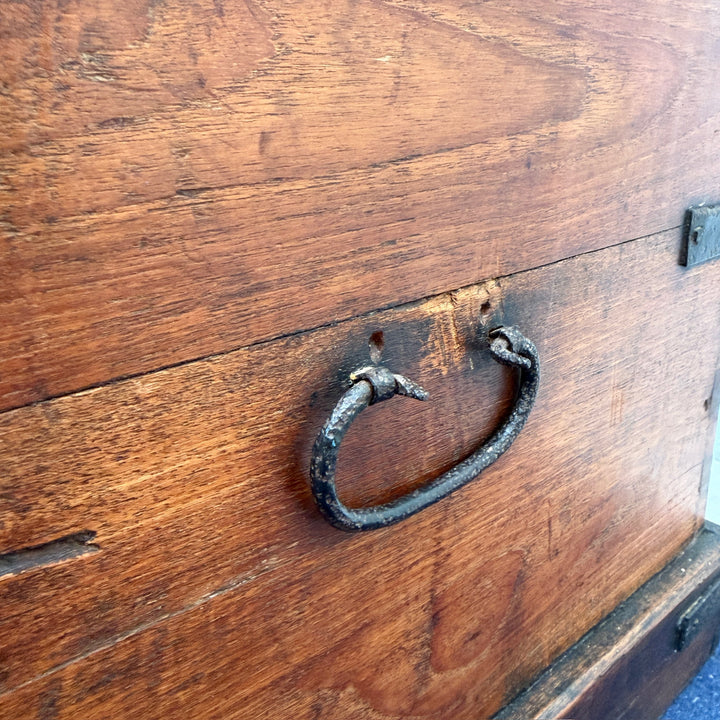 Original hand-forged iron carrying handle on the Antique Victorian Oak Blanket Box with beautifully aged solid oak timber.

