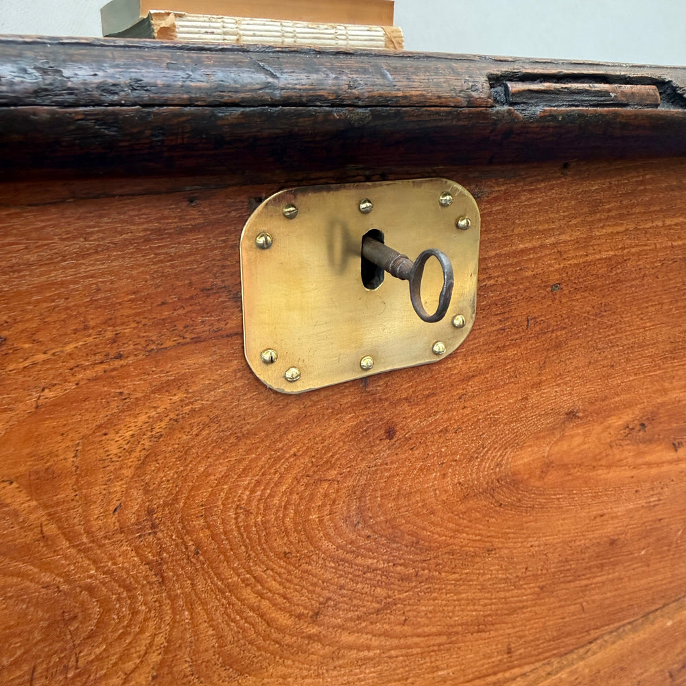 Close-up of the original working lock and key on the Antique Victorian Oak Blanket Box, highlighting authentic Victorian craftsmanship.

