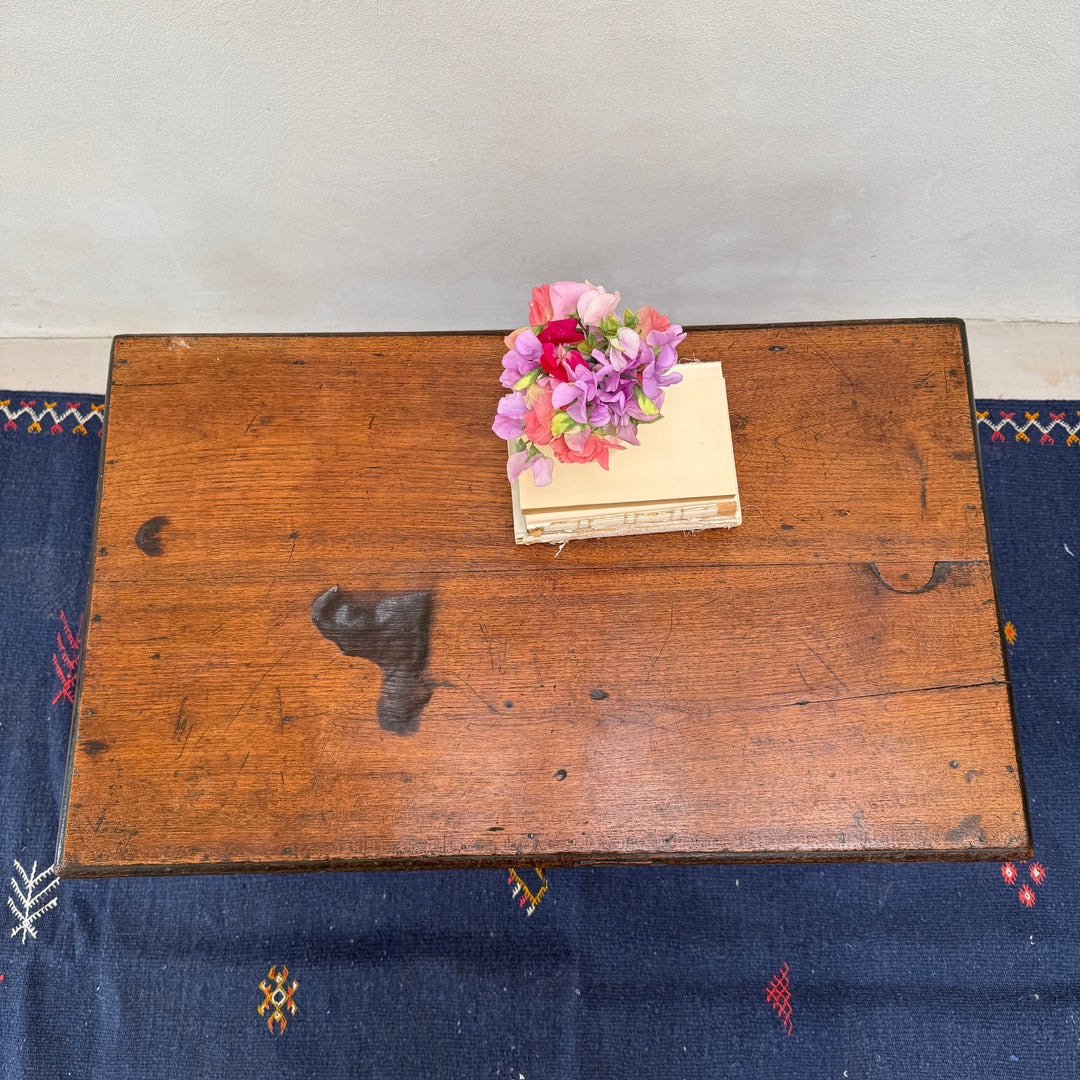 Top view of the Antique Victorian Oak Blanket Box showing the beautifully aged solid oak lid with its historic character and original surface.
