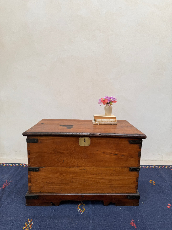 Front profile of the Antique Victorian Oak Blanket Box displaying its elegant proportions, original iron fittings and rich antique oak patina.
