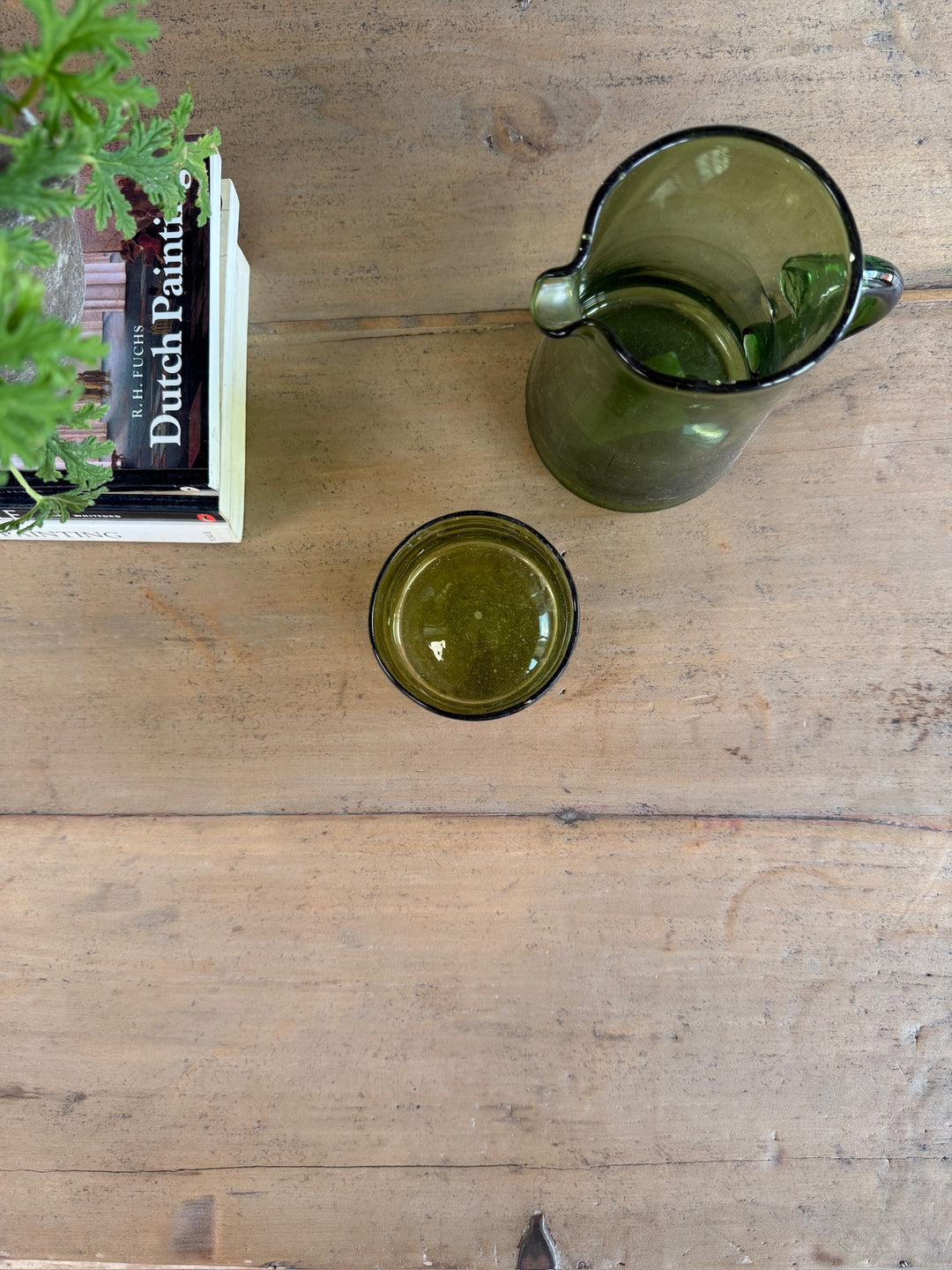 An overhead view of a dark green glass pitcher and matching small glass on a rustic wooden tabletop, with a book and greenery partially visible at the top left.