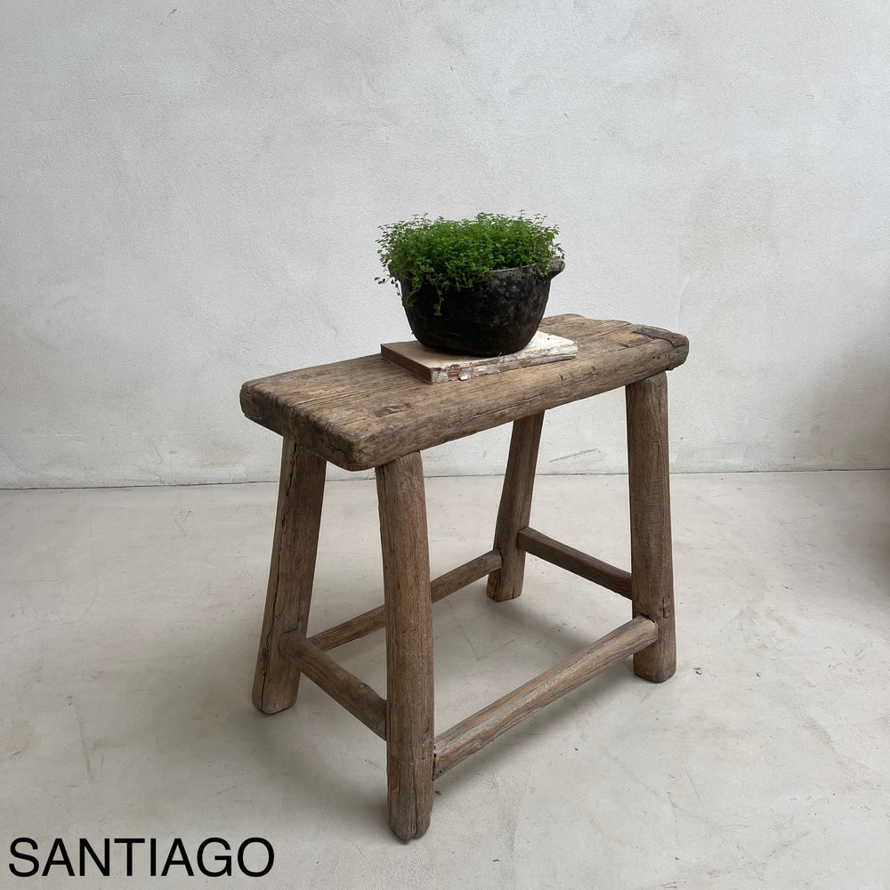 Wooden stool with a potted plant on a plain background, featuring the brand 'Santiago'.