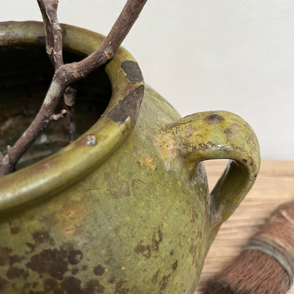 Antique green Spanish confit pot