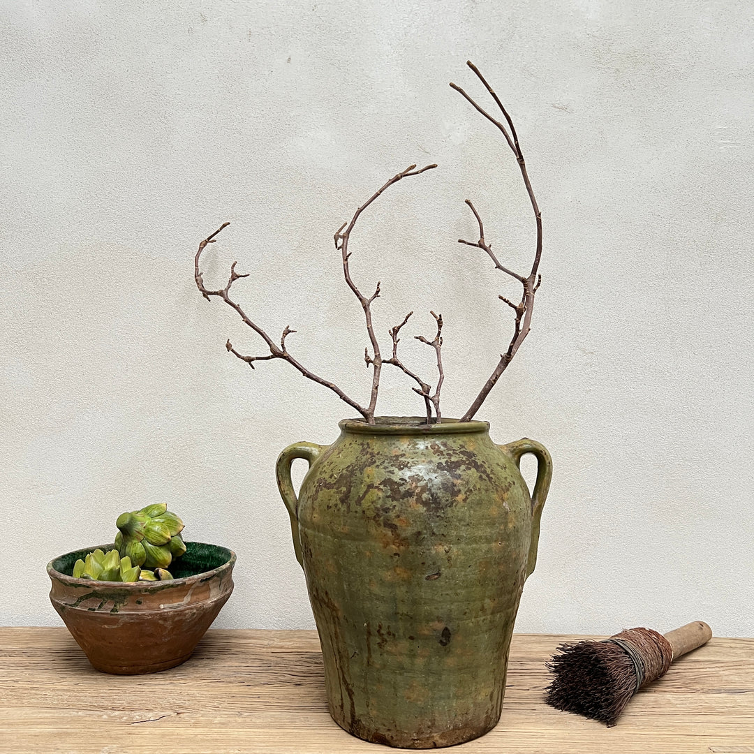 Antique green Spanish confit pot