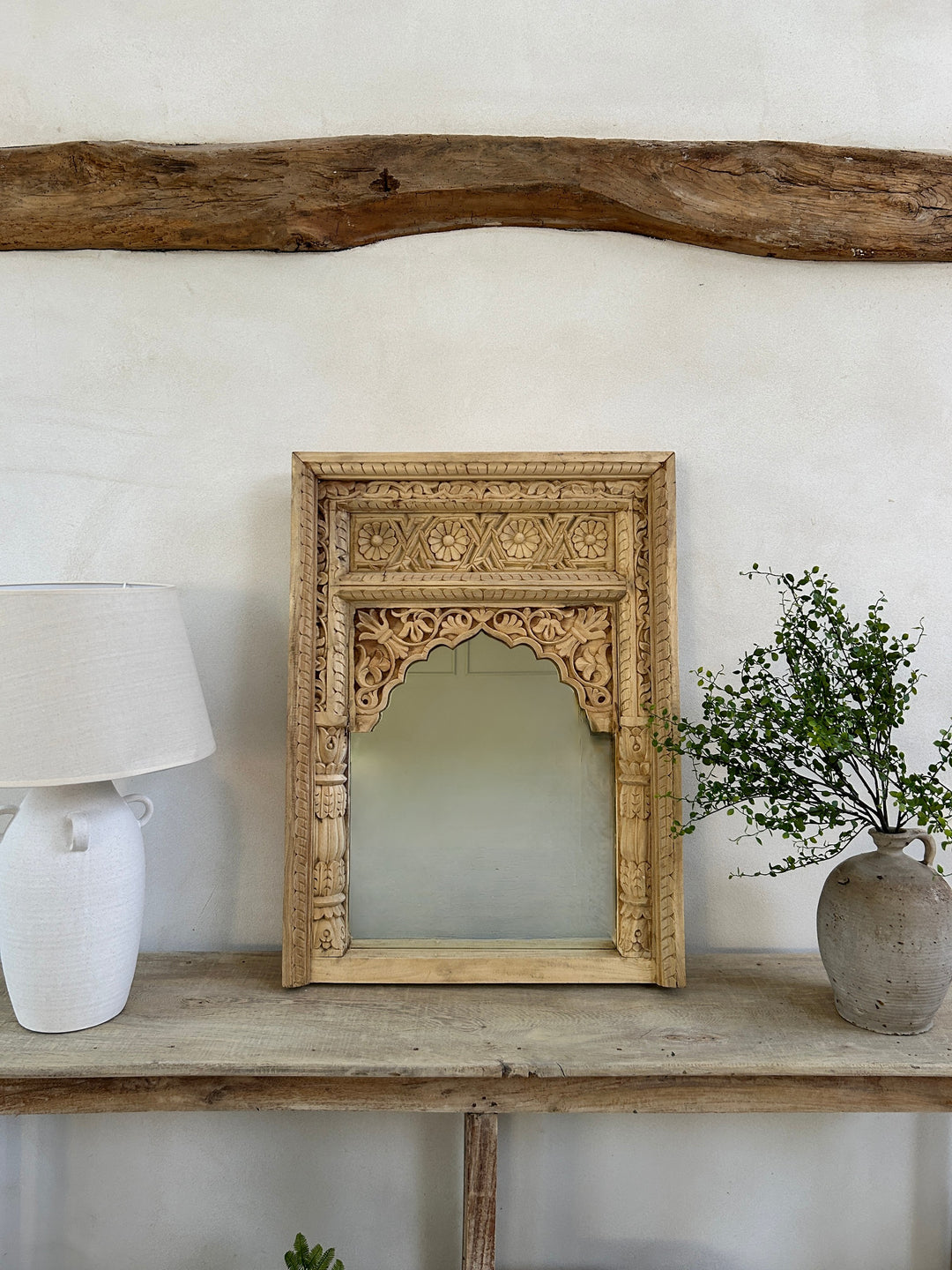 Antique hand-carved teak arched mirror | Eirah