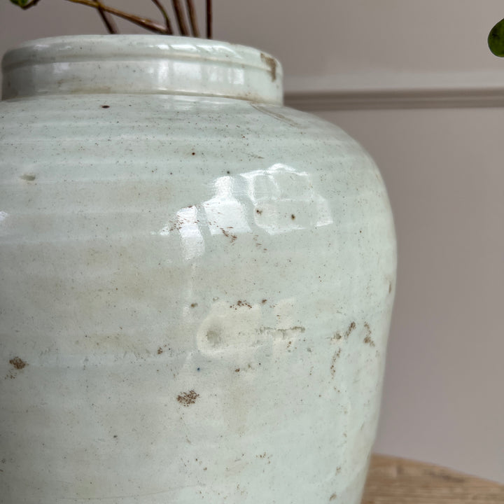 Antique pale blue preserve pot vase detail