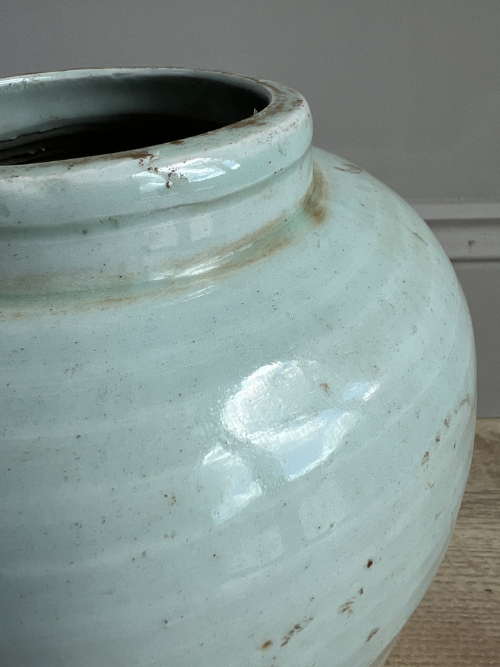 Antique pale blue preserve pot vase detail