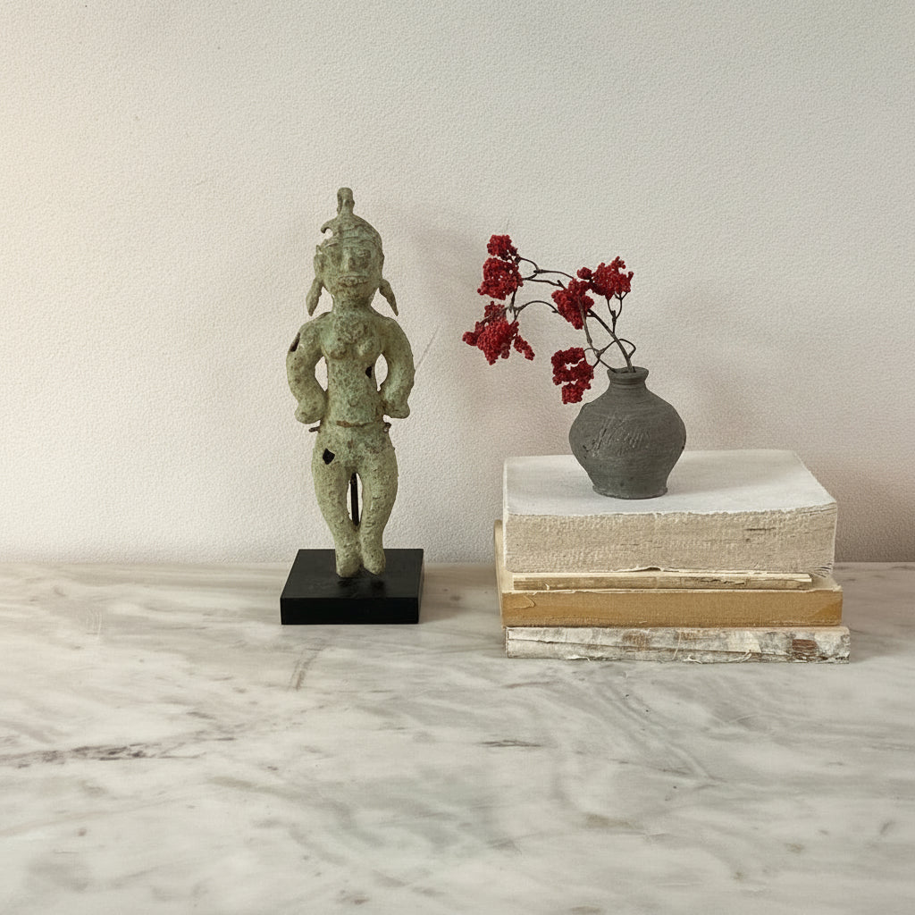 Small statue on a black base next to a vase with red flowers on a stack of books against a gray wall.
