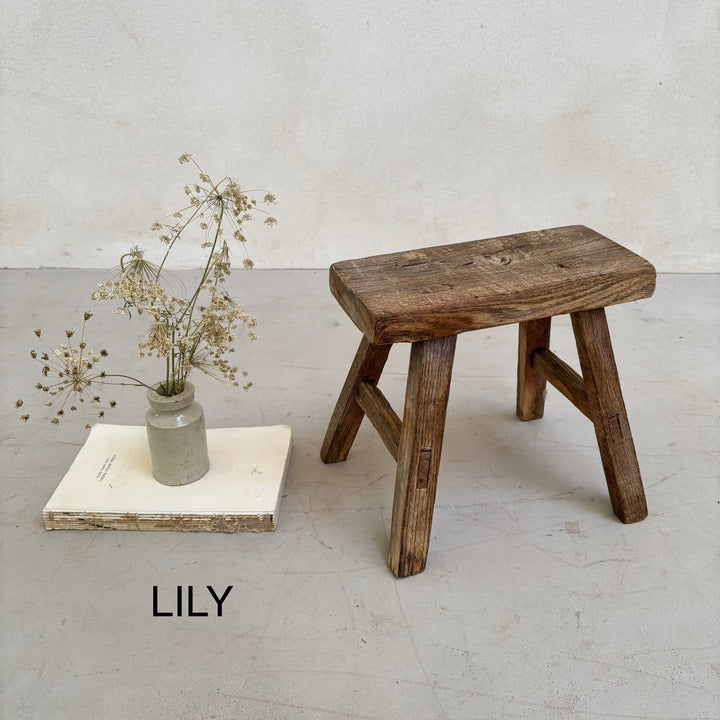 Antique rustic wood footstool LILY