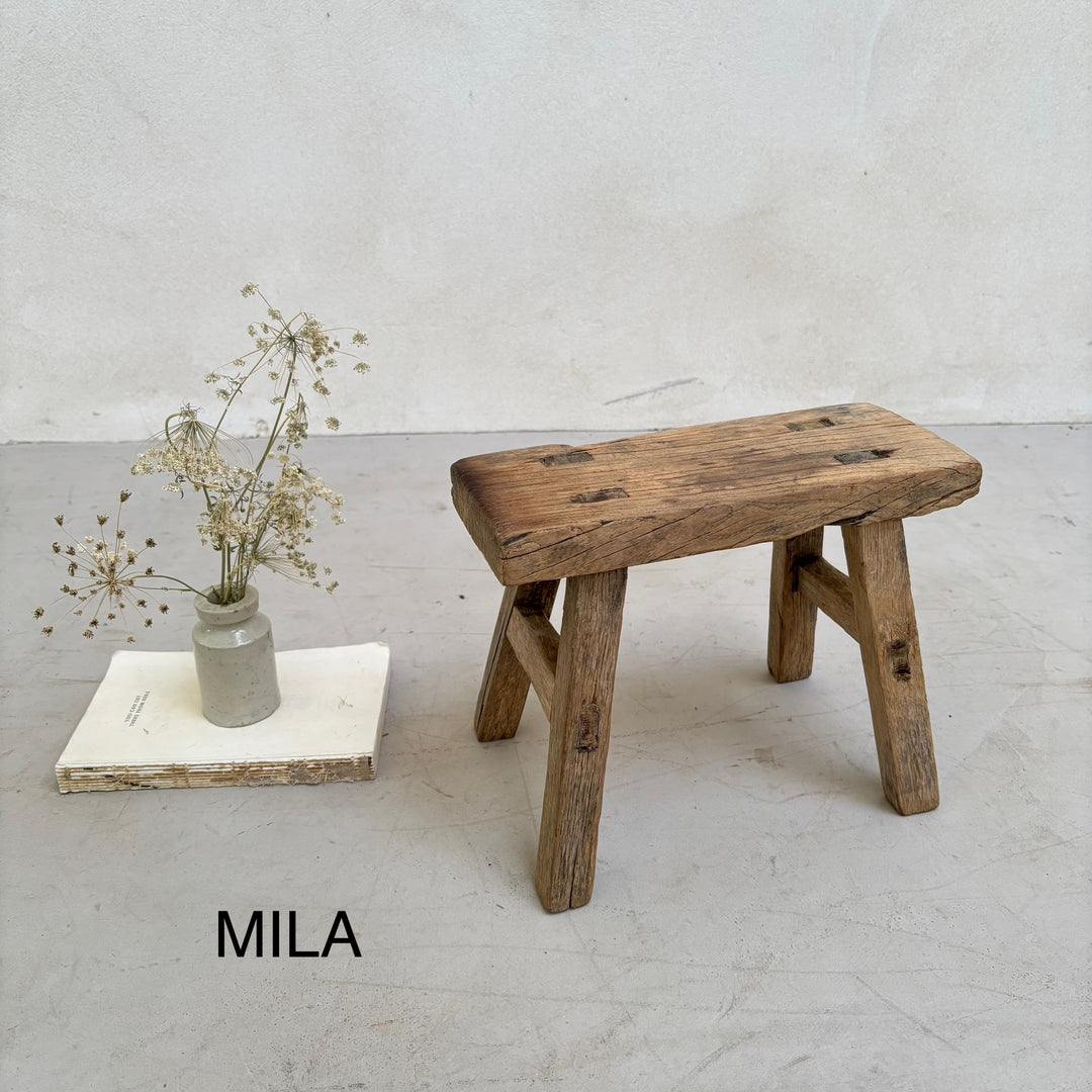 Antique rustic wood footstool  MILA