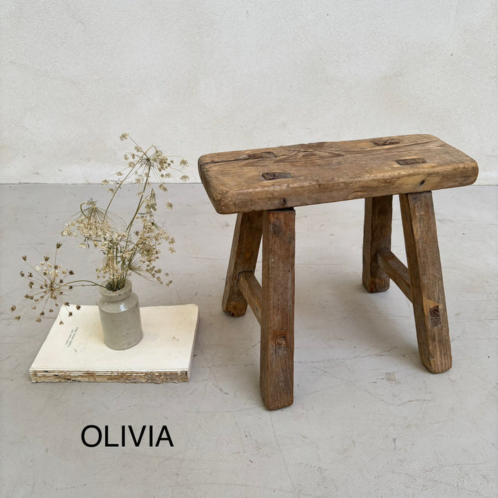 Antique rustic wood footstool OLIVIA