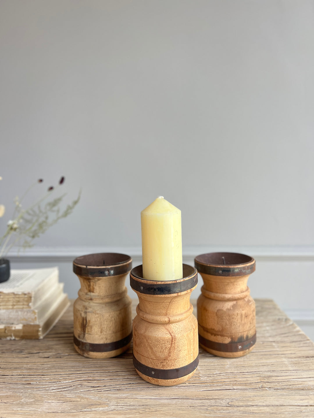 Antique turned wood candle holder 