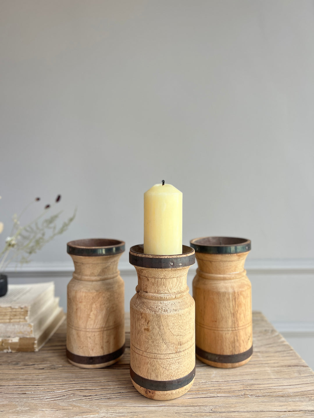 Antique turned wood candle holder