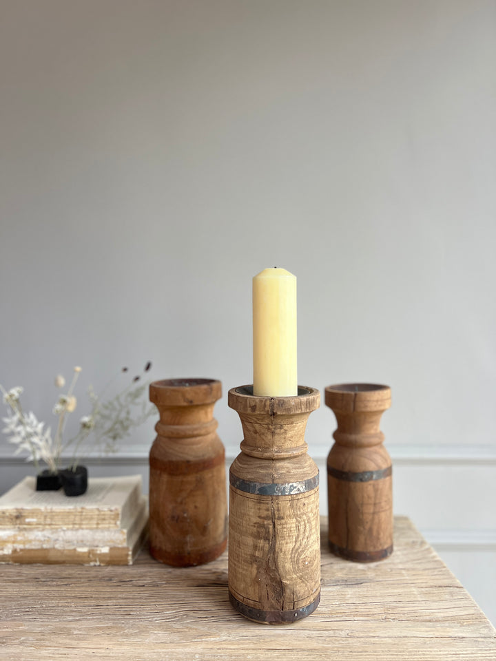 Antique turned wood candle holder