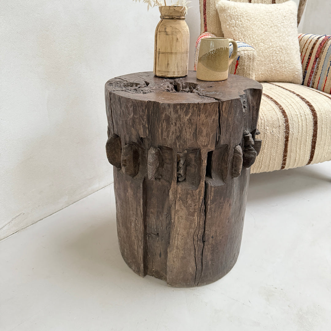 Rustic Antique Sugar Grinder round side table | Coco