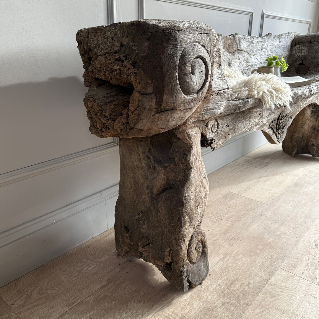 Antique Indonesian weathered carved bench