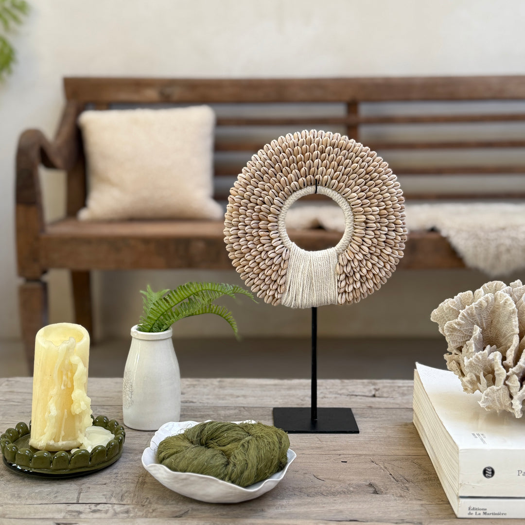 Beaded shell circle on stand | Small