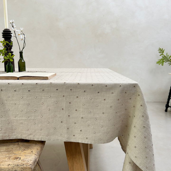 Broderie Dots Linen Tablecloth | Pebble