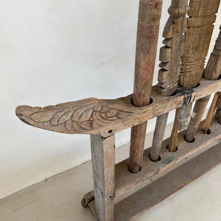 Antique Berber Carved Wooden Tent Peg Collection on Stand
