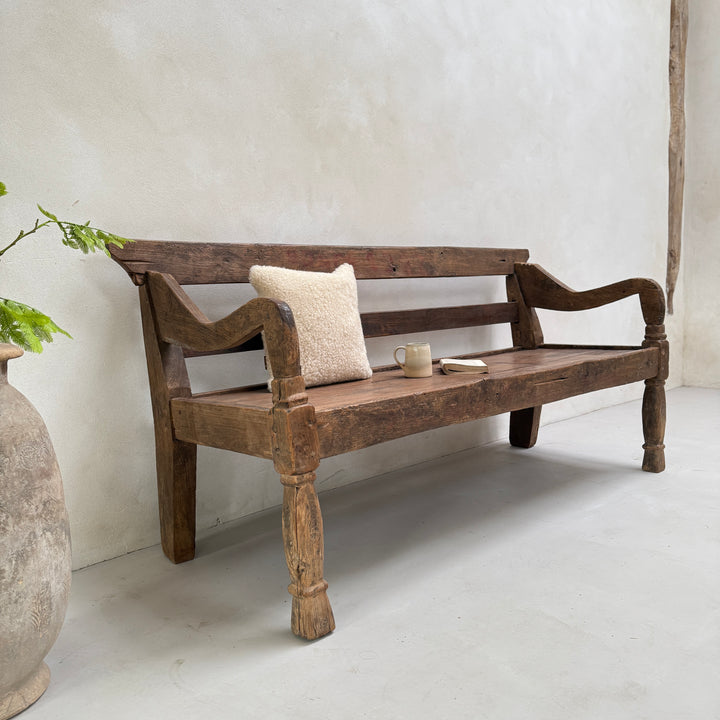 Large antique hand carved wooden bench