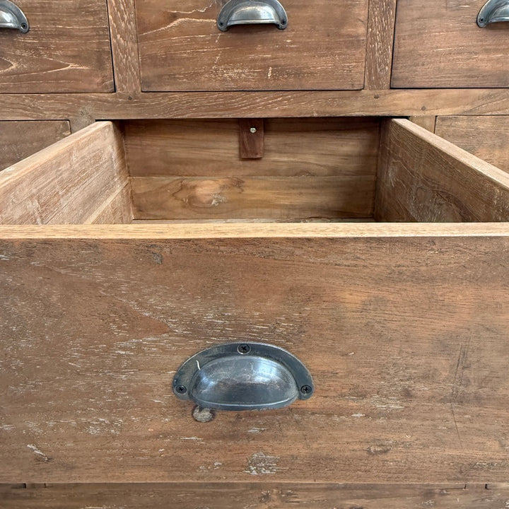 Open drawer detail of the Chiswick Multi Drawer Chest revealing spacious solid teak drawer construction, ideal for organising table linen, stationery, household essentials and treasured keepsakes.