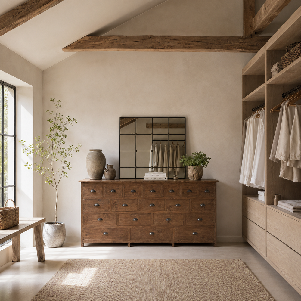 The Chiswick Solid Teak Multi Drawer Chest styled within a thoughtfully designed dressing room, demonstrating how this handcrafted solid teak storage cabinet brings warmth, organisation and understated luxury to contemporary and period interiors alike.